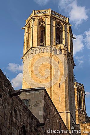 Cathedral of the Holy Cross and Saint Eulalia in Barcelona, Spain at sunset Editorial Stock Photo