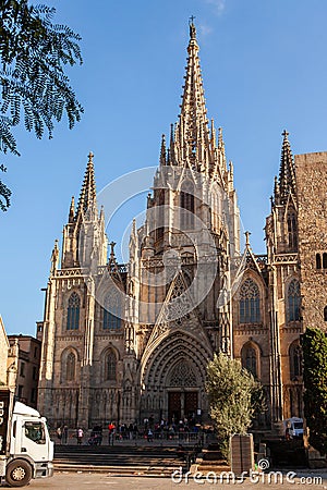 Cathedral of the Holy Cross and Saint Eulalia in Barri Gothic Quarter in Barcelona, Catalonia, Spain Editorial Stock Photo