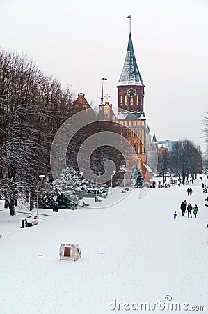 Cathedral in Kaliningrad, winter Cathedral of our lady and St. Adalbert, brick Gothic, grave of Immanuel Kant Editorial Stock Photo