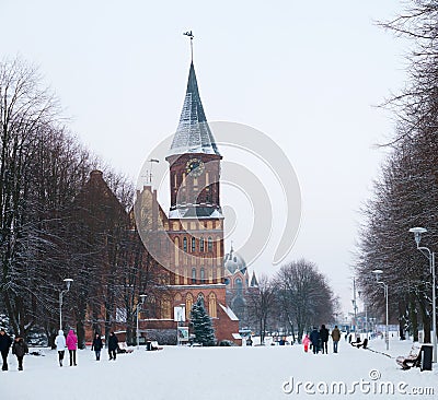 Cathedral in Kaliningrad, winter Cathedral of our lady and St. Adalbert, brick Gothic, grave of Immanuel Kant Editorial Stock Photo