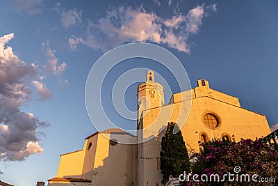 Cathedral lit by morning sun in Cadaques, Spain Editorial Stock Photo