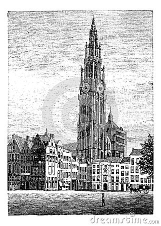 Cathedral of Our Lady, in Antwerp, Belgium, vintage engraving Vector Illustration