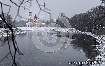 Cathedral and the river Polist Staraya Russa at winter background Stock Photo