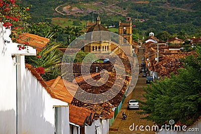 Cathedral and Roofs of Colonial Houses, Barichara Stock Photo