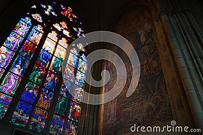 The cathedral's interior and the beautiful stained glass. Editorial Stock Photo