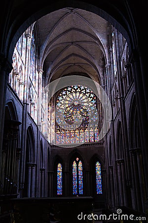 Cathedral of Saint Vincent of Saint-Malo, France. Stained glass church windows framed by arches Editorial Stock Photo