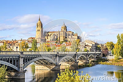 Cathedral of Salamanca and bridge over Tormes river, Spain Stock Photo