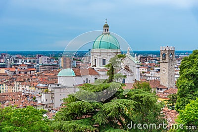 Cathedral of Santa Maria Assunta and Aerial view of Italian city Brescia Stock Photo