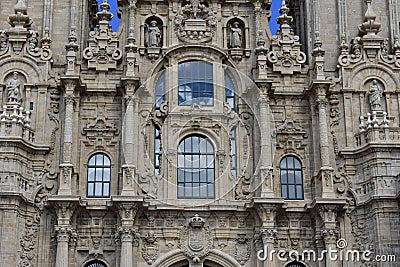 Cathedral, details, reflected clouds, windows. Santiago de Compostela. Spain. Stock Photo