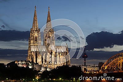 Cathedral After Sunset At Night In Cologne, Germany Stock Photo