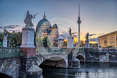 The Cathedral, the TV Tower and the Schlossbruecke at dawn Editorial Stock Photo