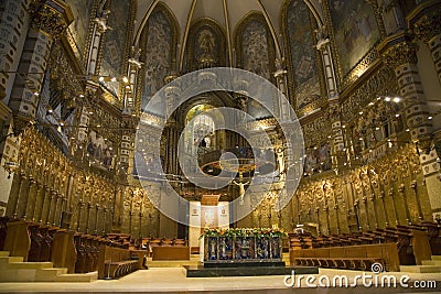 Cathedral with view in background of Black Madonna at the Benedictine Abbey at Montserrat, Santa Maria de Montserrat, near Stock Photo