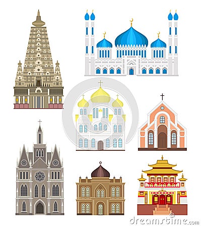 Cathedrals and churches infographic temple buildings set architecture asia landmark tourism vector Vector Illustration