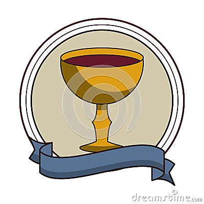 Catholic chalice with wine round emblem Vector Illustration