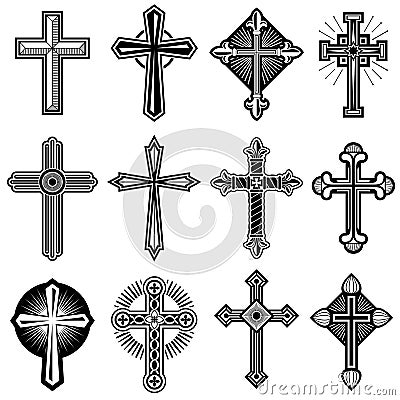 Catholic christian cross with ornament vector icons set Vector Illustration
