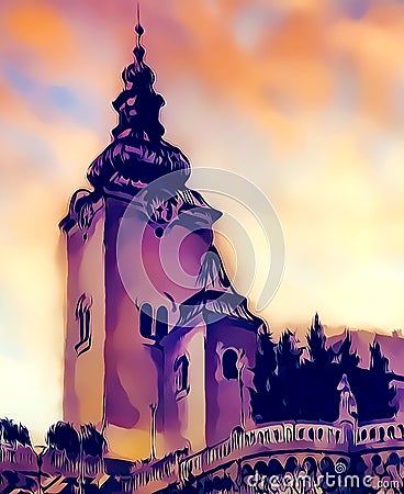 Catholic church building, architectural dominant of the city, graphic from painting. Stock Photo