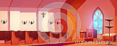 Catholic church interior with altar and benches Vector Illustration