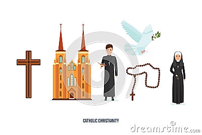 Catholic cross, cathedral, priest and nun, pigeon with branch, deity. Vector Illustration