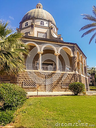 Catholic monastery and a small church Mount Beatitudes. Israel, lake Tiberias. Basilica of the monastery Editorial Stock Photo