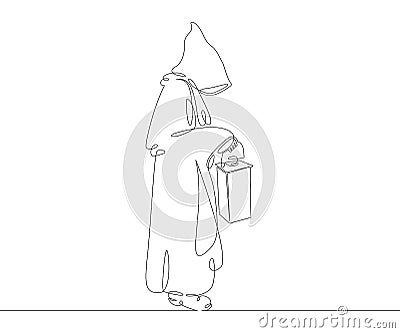 Catholic monk in a cassock with a hood holds an old lamp Cartoon Illustration