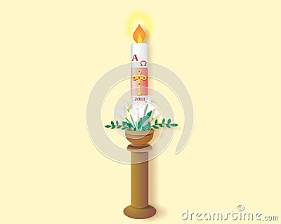 Catholic paschal candle with the burning Vector Illustration