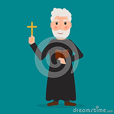 Catholic pastor with a cross and bible. Vector Illustration