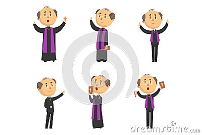 Catholic Preacher or Priest Giving Speech and Blessing Vector Set Vector Illustration