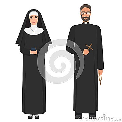 Catholic priest and nun. Flat cartoon vector illustration. Vector Illustration