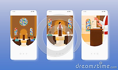 Priest, pastor saying prayer. Church worship. Mobile app screens, vector website banner template. UI, web site design. Vector Illustration