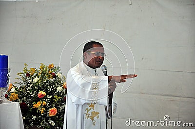 Priest speaking on Festa Junina of Saint Anthony Editorial Stock Photo