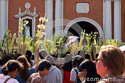 Catholics waving coconut palm leaves in celebrating Palm Sunday before Easter, Church tower background, The feast commemorates Jes Editorial Stock Photo