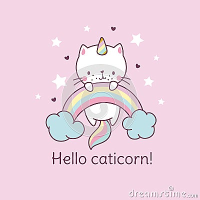 Caticorn poster. Cat unicorn on rainbow, fairy kitten t-shirt kawaii print. Cute funny magic character, sweet baby Vector Illustration