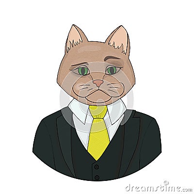 Catman boss. A hybrid of man and cat. Fashion portrait of a businesslike person. Vector Illustration