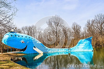 Iconic Blue Whale vintage public tourist attraction along old Highway - Route 66 near Catoosa Oklahoma. Editorial Stock Photo