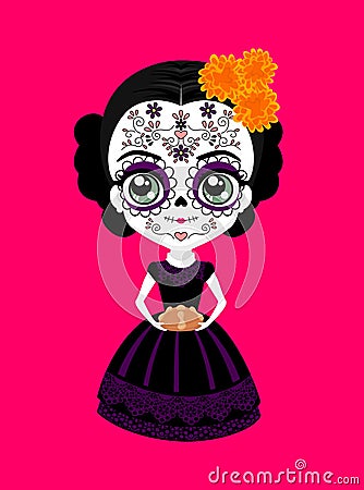 Catrina con pan de muerto mexican doll Vector Illustration