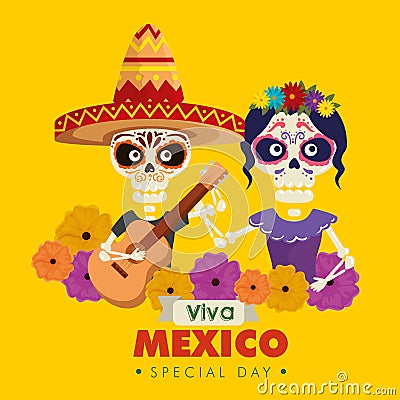 Catrina and skeleton man wearing hat with guitar and flowers Vector Illustration