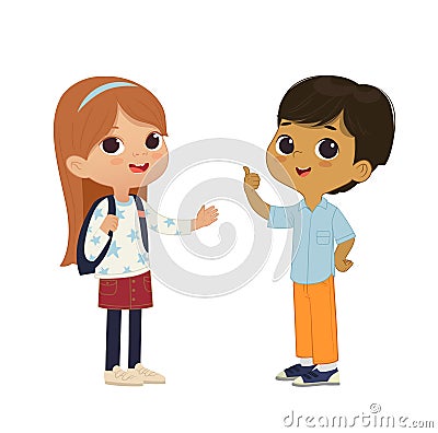 Cartoon vector illustration of the smiling cute boy and girl pointing at a bubble with place for text. Preschool Vector Illustration