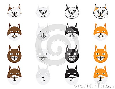 Cats Heads on White Background Vector Illustration