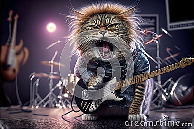 Cats as rock stars playing guitar at concert created with generative AI technology Cartoon Illustration