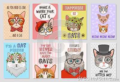 Cats cards. Cartoon cute kittens, lovly pats. Funny cat motivation hand drawn posters vector set Vector Illustration