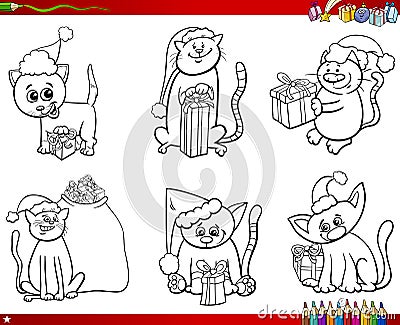 Cats on Christmas time set coloring book Vector Illustration