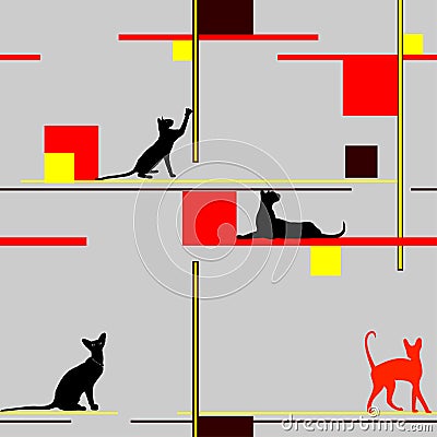 Cats in different poses, silhouettes. Seamless pattern. The cat lies, sits, stretches its back, hisses, plays, walks. Graceful Vector Illustration