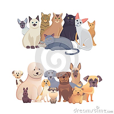 Cats and dogs border set, front view. Pets collection of cartoon illustrations Vector Illustration