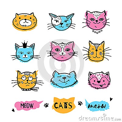 Cats faces, cat doodle. Hand drawn cats icons collection, Cartoon comic cute kittens. Vector illustration Vector Illustration