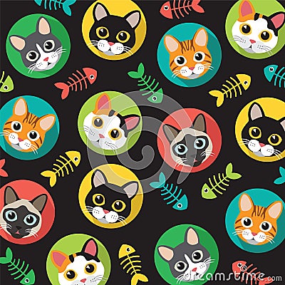 Cats and fishbone pattern Vector Illustration