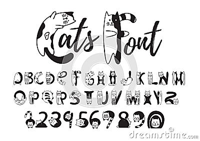 Cats font, cute black and white alphabet, numbers Vector Illustration