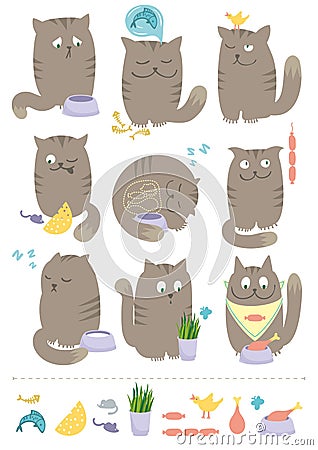 Cats With Foods Vector Illustration