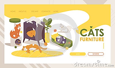 Cats furniture landing page template. Vector kitten sleeping and playing on various interior design elements Stock Photo