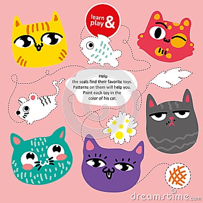 Cats Game for development of logical and associative thinking for children. cat find toy for him. learn and play. Paint Vector Illustration