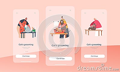 Cats Grooming Mobile App Page Onboard Screen Template. Hairdressers Characters Care Of Cats Comb Wool, Cut Talons, Wash Vector Illustration